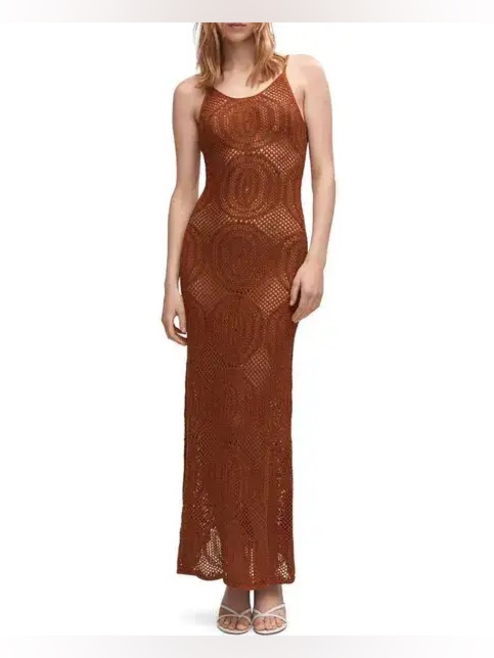 Mango Sheer Openwork Knit Body-Con Maxi Dress Chestnut 25945